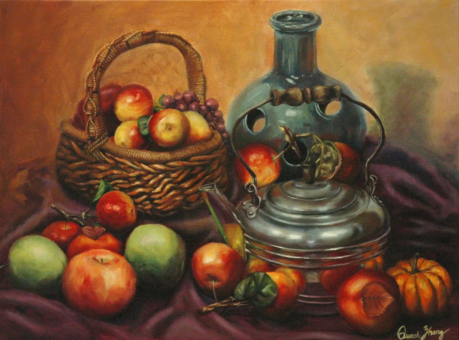 Oil still life of a fruit basket and copper kettle