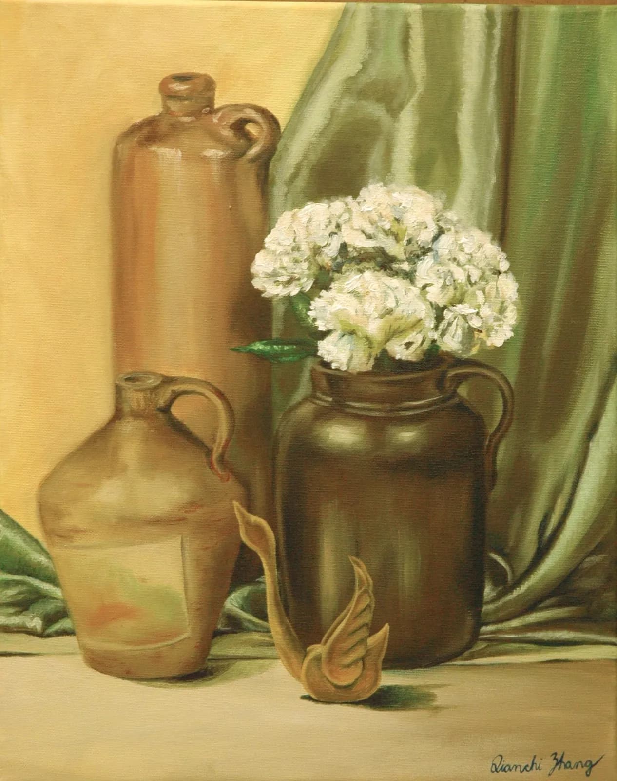 Oil still life of jugs and white carnations
