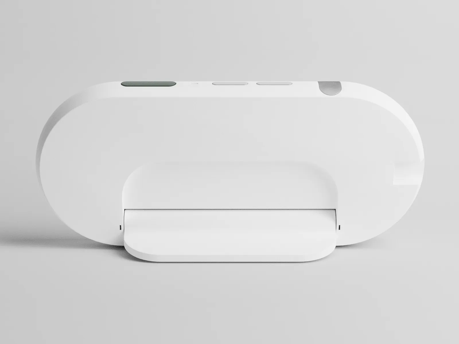 The back of the caregiver display: a fold-out kickstand and three buttons along the top edge