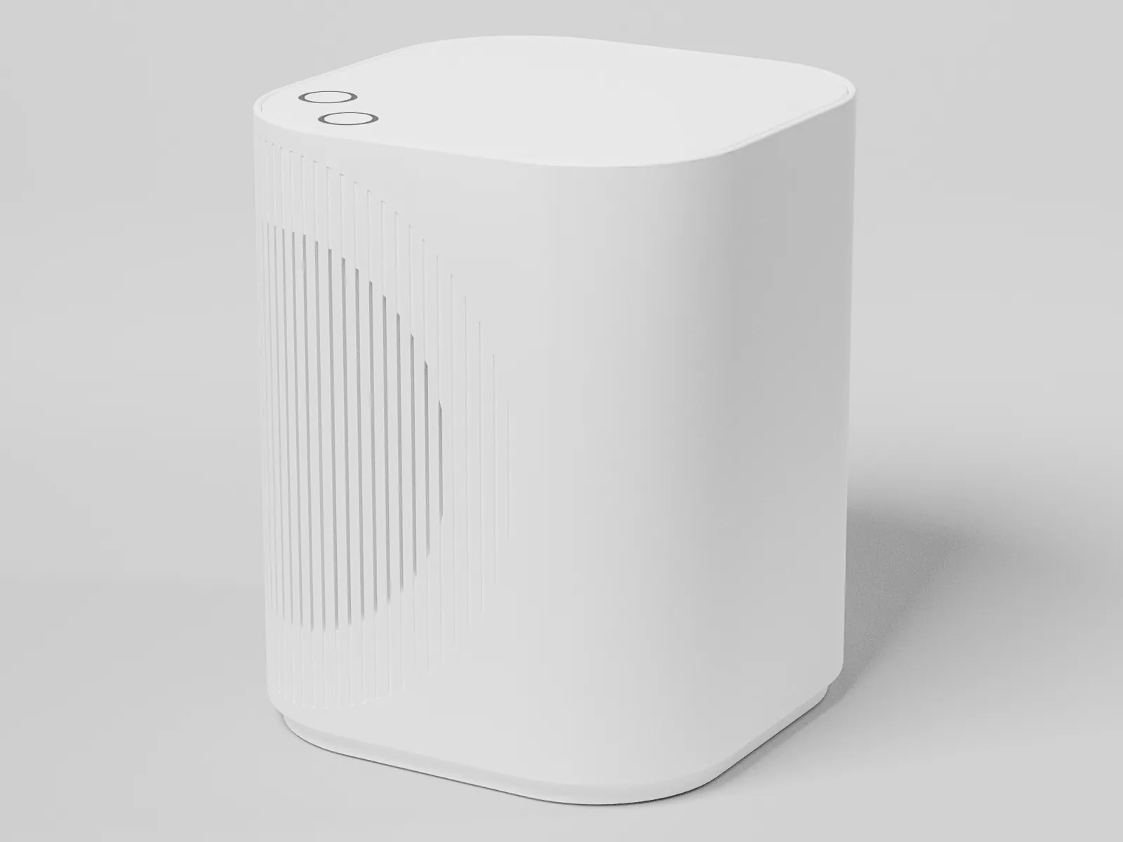 The hub: a white rounded box with two buttons on top and a curved speaker grille on its front