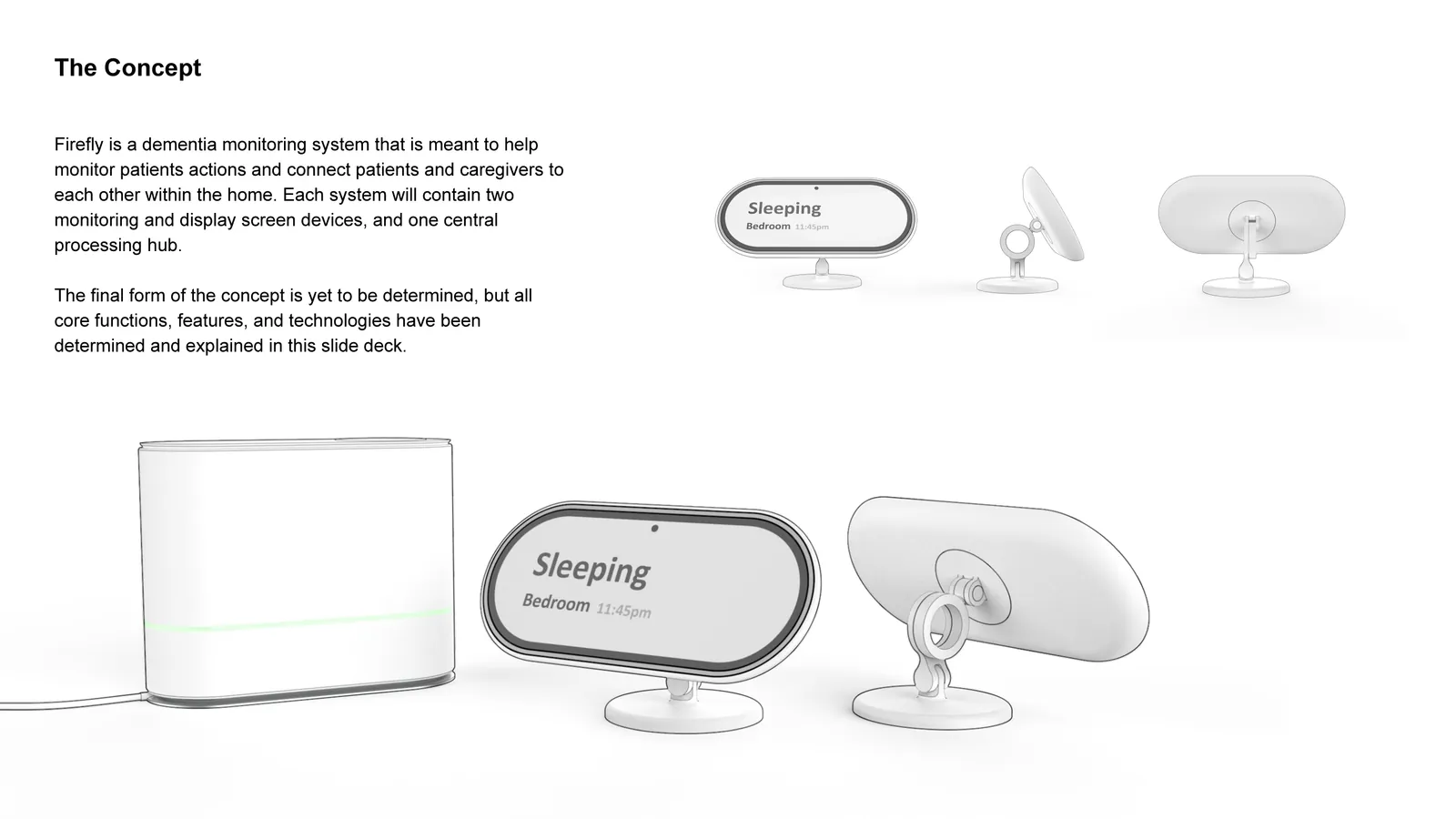 Firefly concept slide: a curved hub with a green status line and the pill-shaped monitor shown from the front, side and back