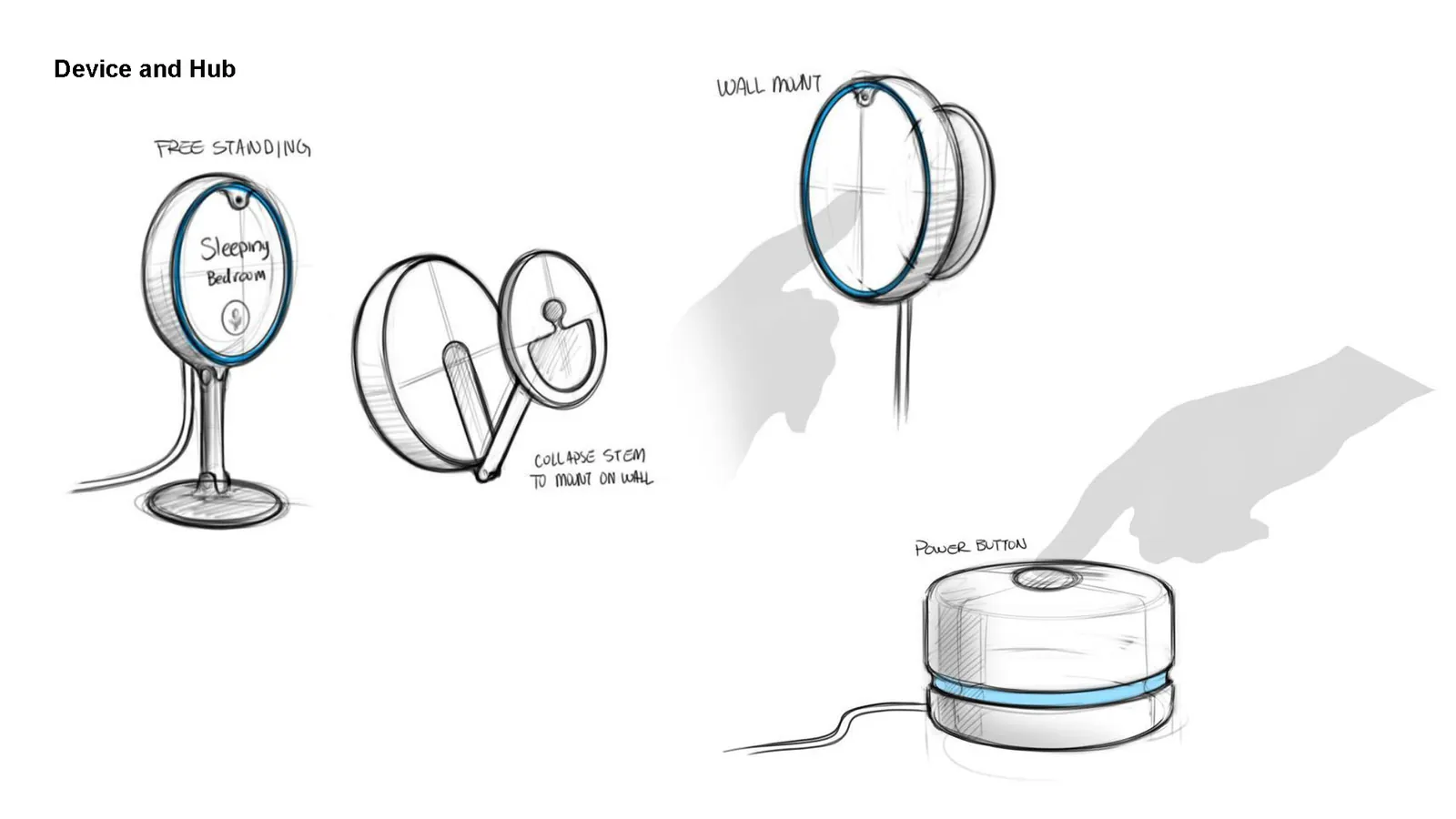 Sketches of the Firefly monitor free standing, with its stem collapsed, wall mounted, and of the round hub with a power button