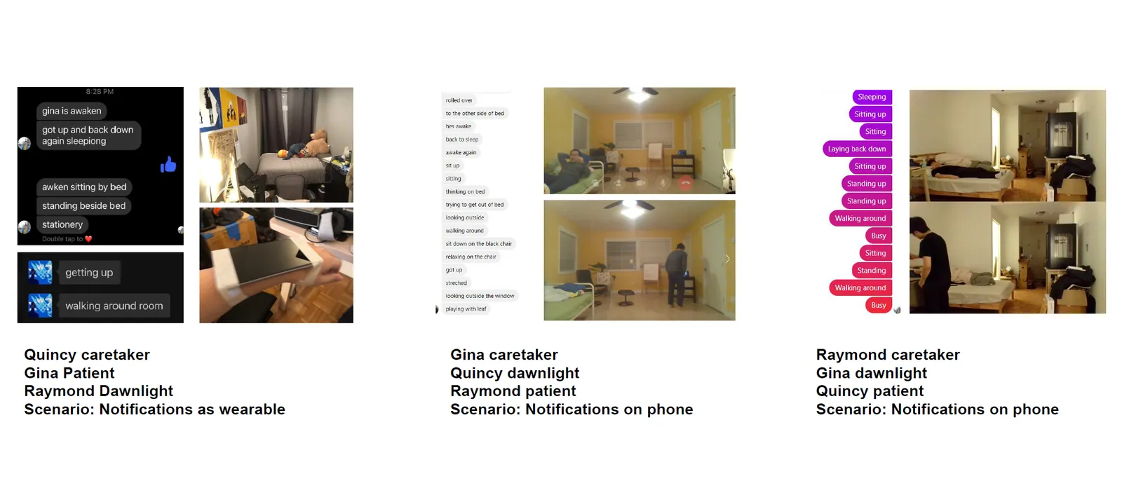 Three rounds of role play, each with message logs and a photo of the patient's room, with the roles of caretaker, patient, and DawnLight rotated between Quincy, Gina, and Raymond