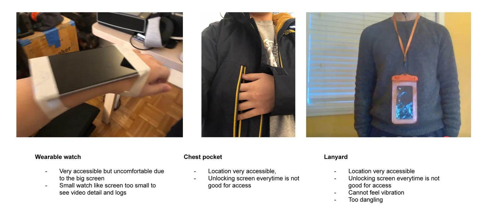 Three ways of carrying the caregiver device, tried with a phone: strapped to the wrist, in a chest pocket, and on a lanyard, each with notes