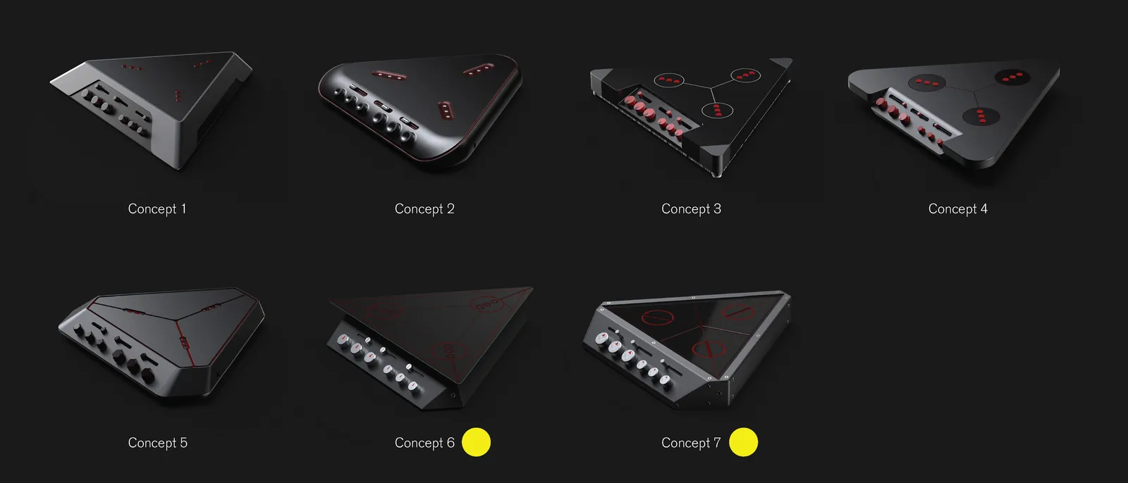 Seven triangular enclosure concepts rendered in black with red accents, numbered one to seven