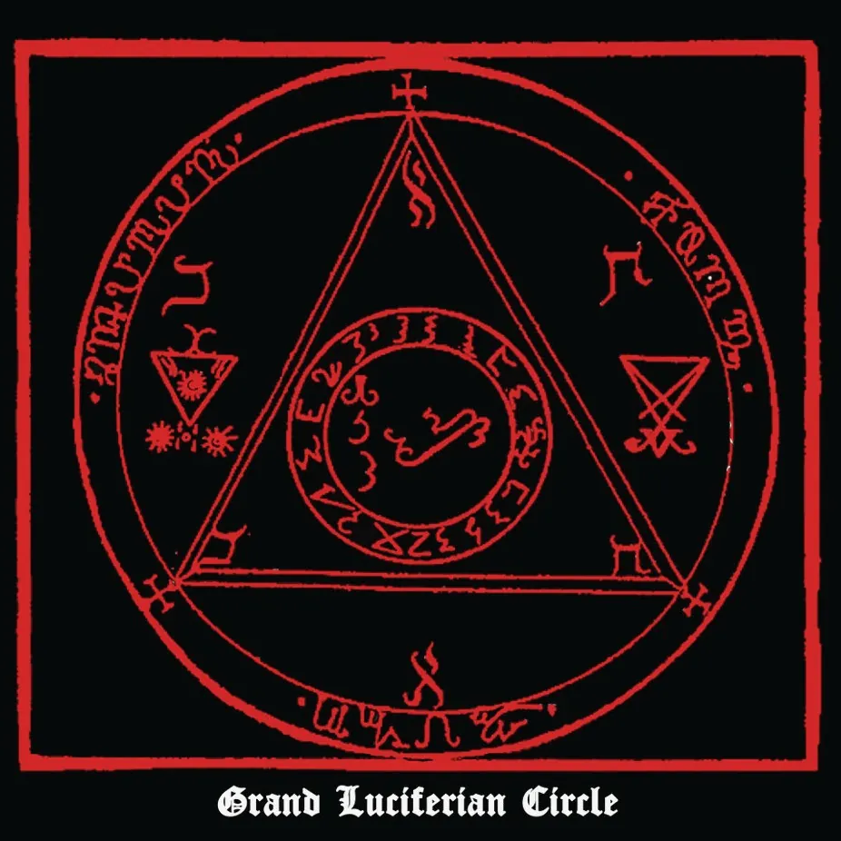 A red summoning circle on black: a triangle inside a ring of sigils, labelled Grand Luciferian Circle