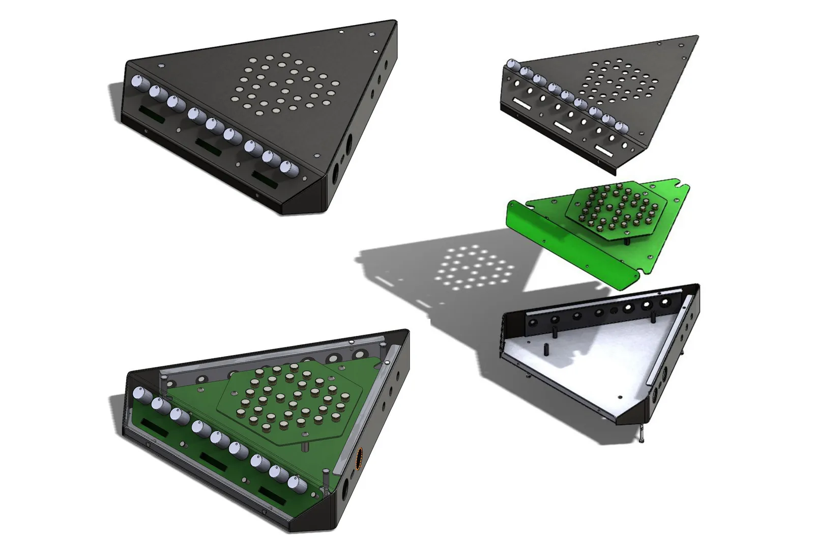 CAD views of the sheet metal enclosure: assembled, exploded into lid, circuit board and base, and the bare folded base