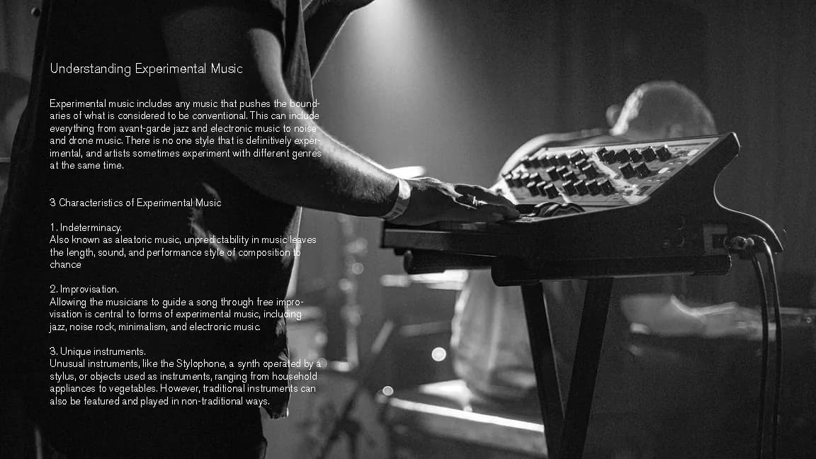 Research slide titled Understanding Experimental Music over a black and white photo of a performer's hand on a synthesizer: a definition, then three characteristics, indeterminacy, improvisation and unique instruments