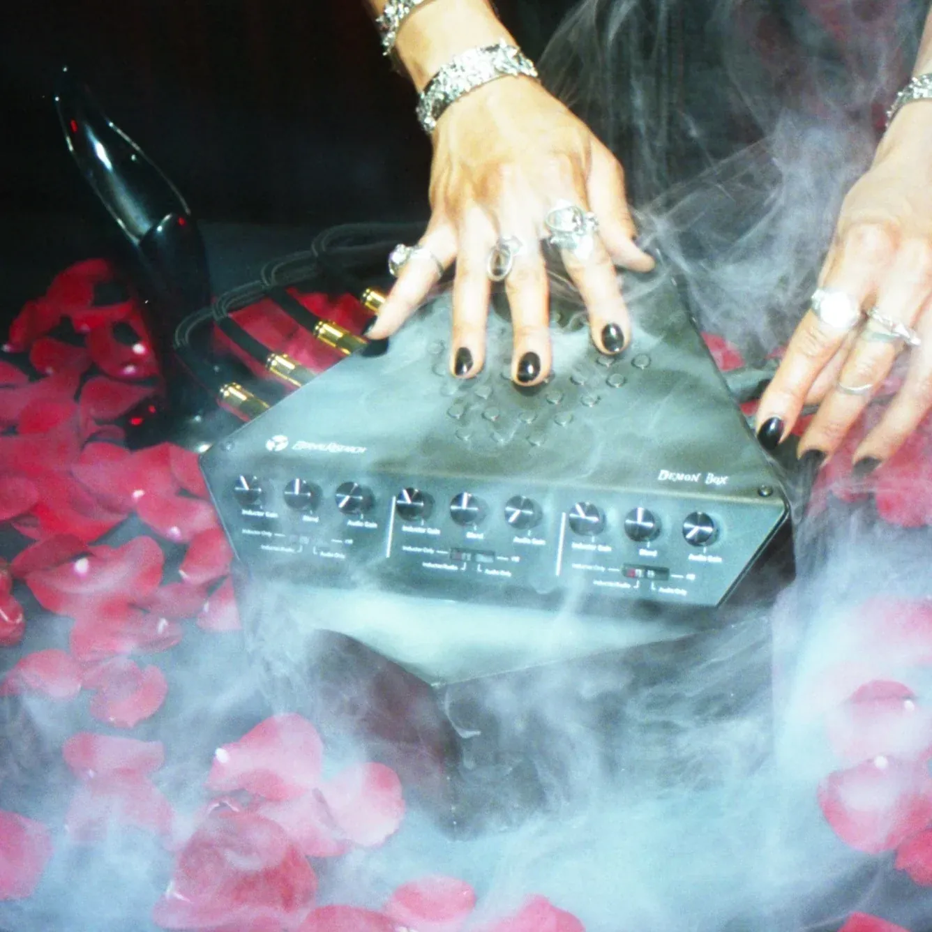 Demon Box on a black table in smoke and rose petals, two hands with black nails and jewellery on the lid