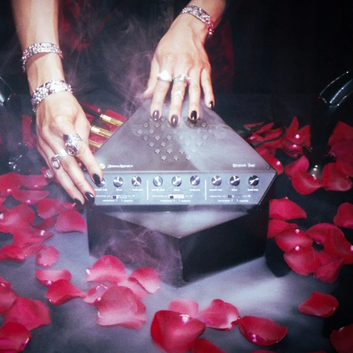 Demon Box in thick smoke and rose petals, hands with black nails on the lid, cables plugged into the back
