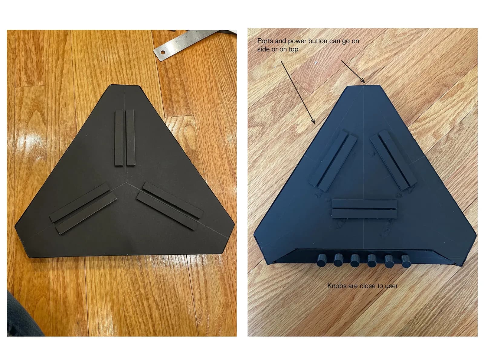Two foam core mockups on a wood floor, annotated: ports and power button can go on the side or on top, knobs are close to the user