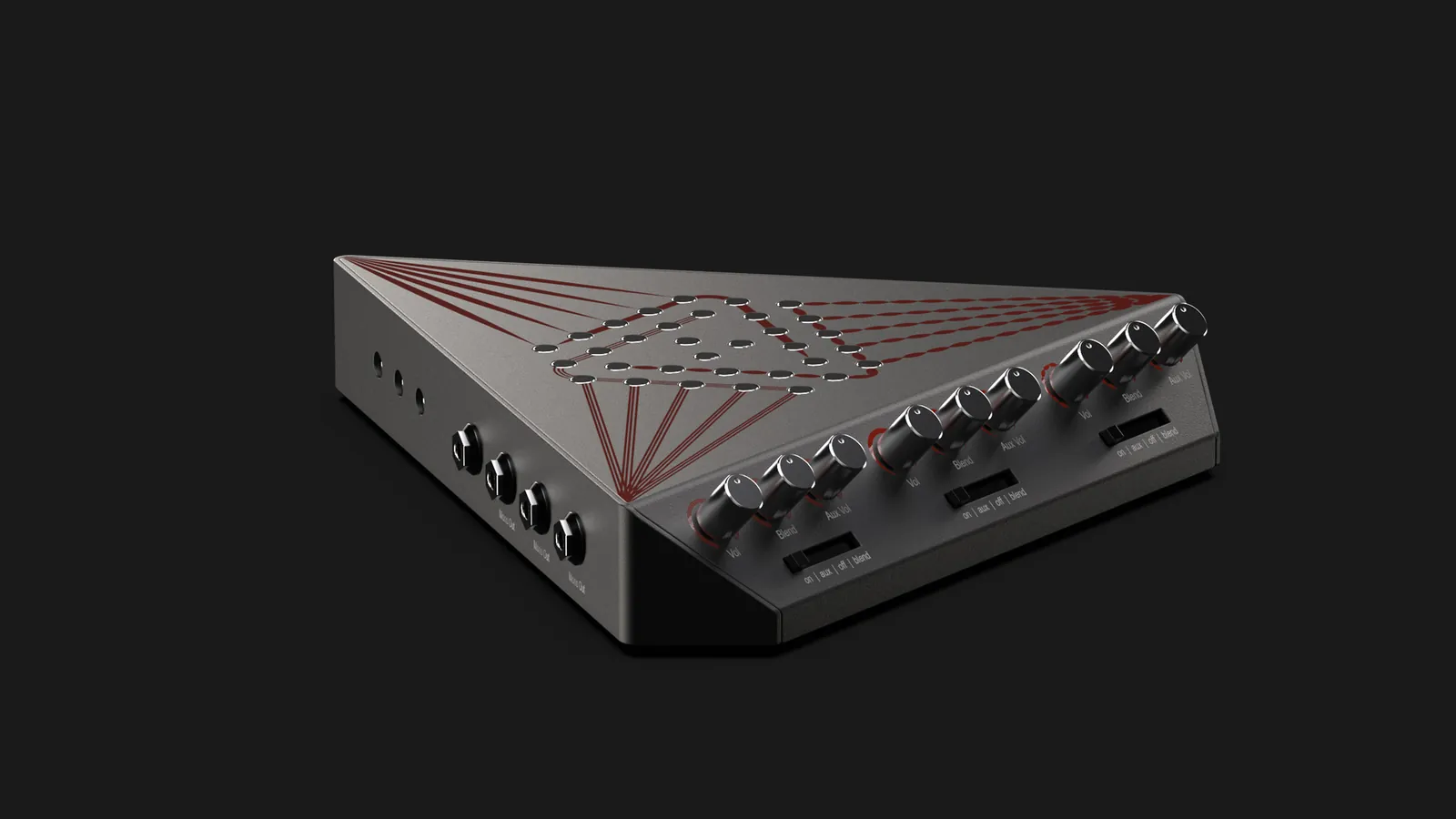 Final concept, three-quarter view: a black triangular enclosure with red lines radiating from a perforated triangle to the corners, knobs along the front edge