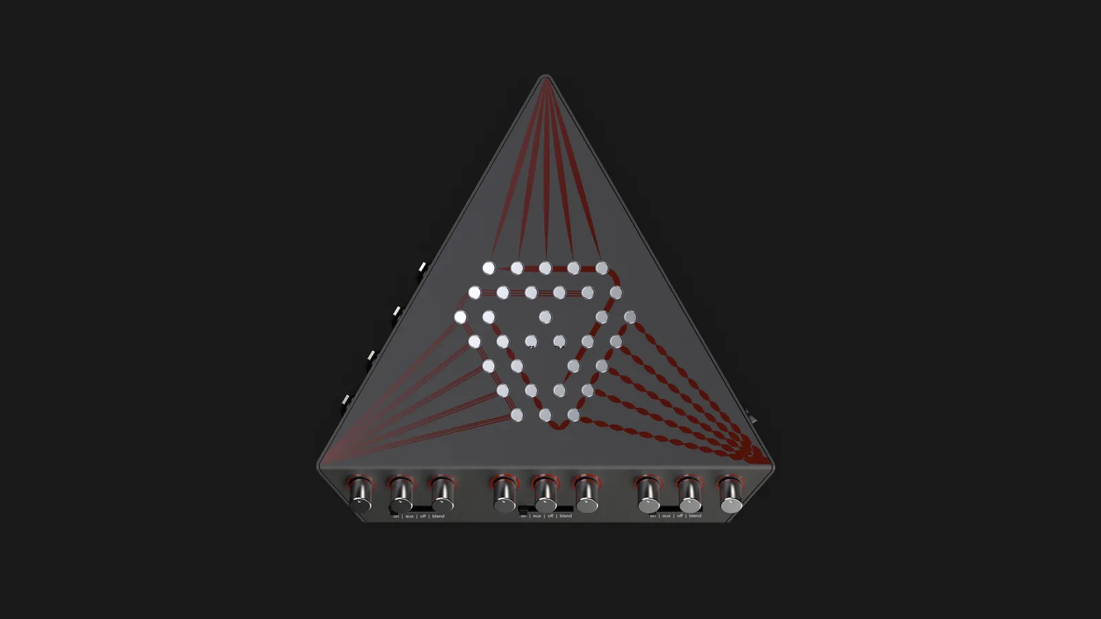 Top view: perforated triangle in the centre, inductor lines running out to the three edges, knobs along the front