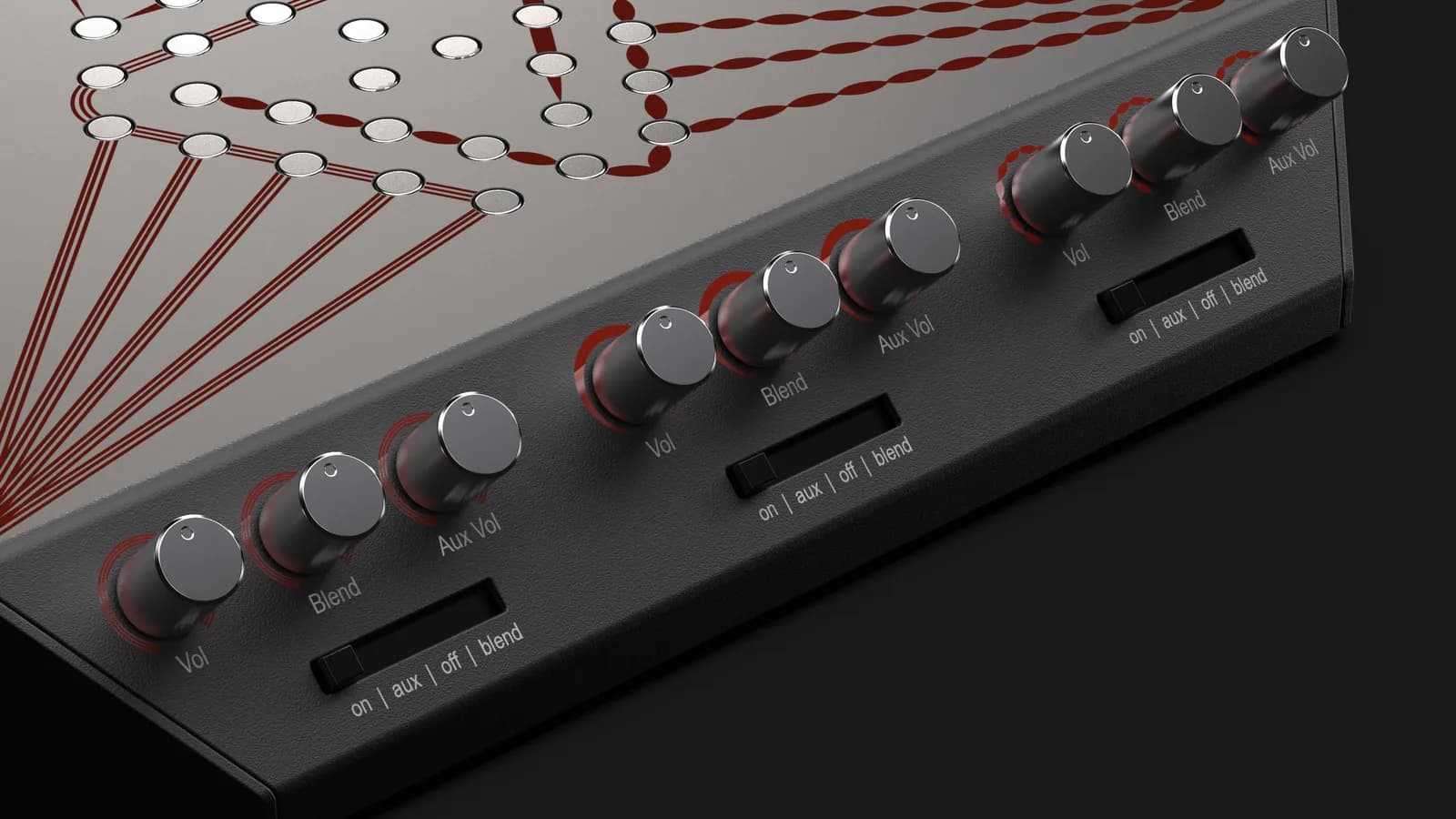 Close-up of the front edge: knobs in groups of three labelled vol, blend and aux vol, with on, aux, off and blend switches