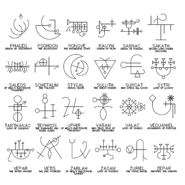 A chart of thirty demon sigils drawn as thin line glyphs, each named and captioned, from Phaleg to Zepar