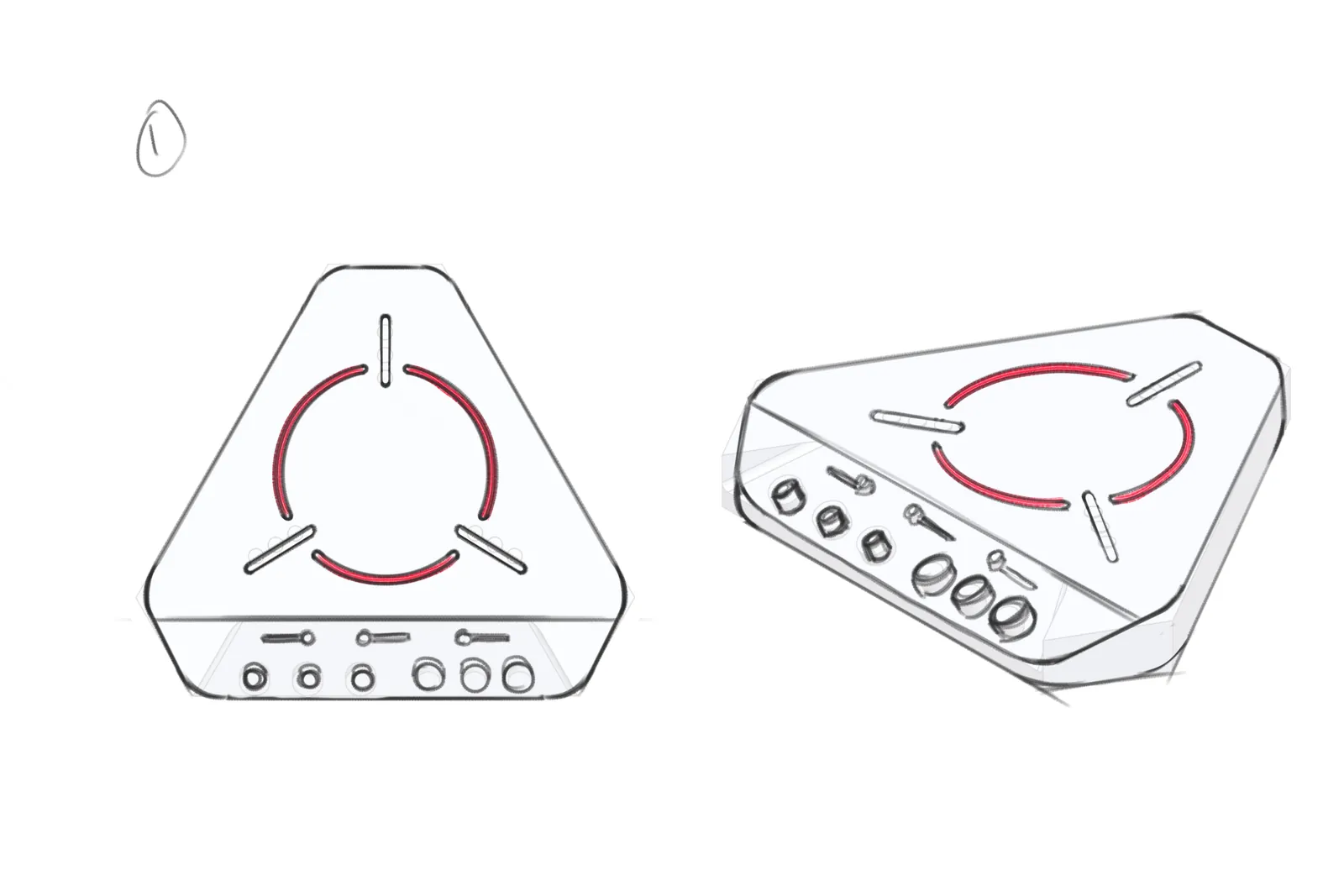 Sketch 1, front and three-quarter views: a triangular box with a red ring on top and three short lines radiating from it, knobs along the front edge