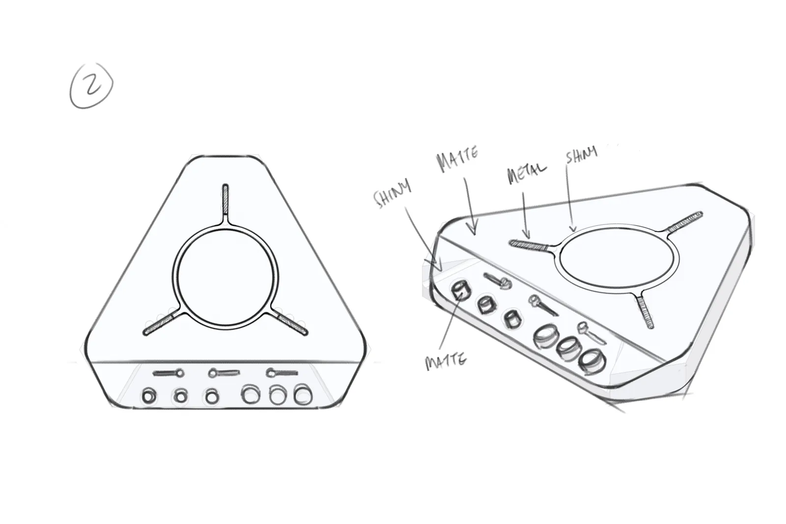 Sketch 2: a ring on top with three spokes running to the corners, finishes annotated matte, shiny and metal