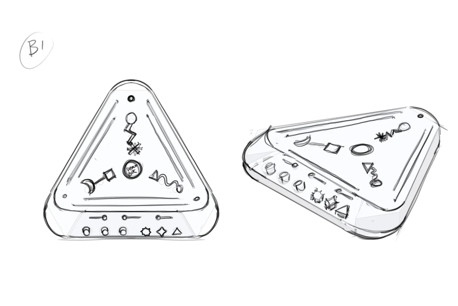 Sketch B1: the triangular top covered in sigils and symbols