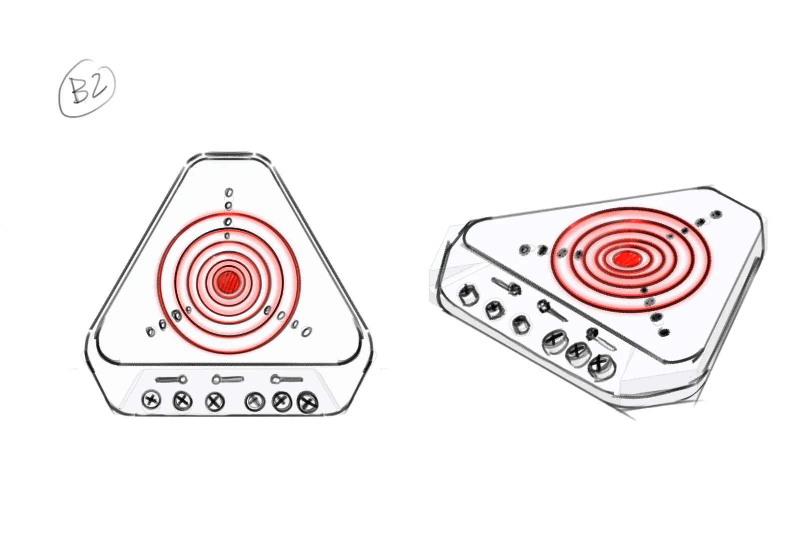 Sketch B2: concentric red rings in the centre of the triangle
