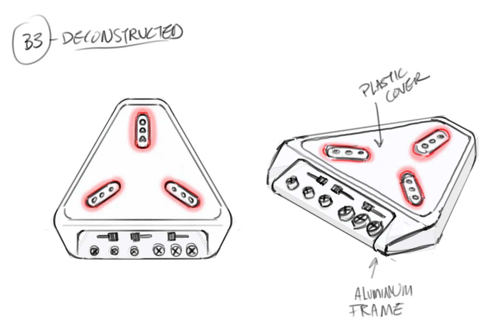 Sketch B3, deconstructed: three red-outlined inductor slots, annotated plastic cover and aluminium frame