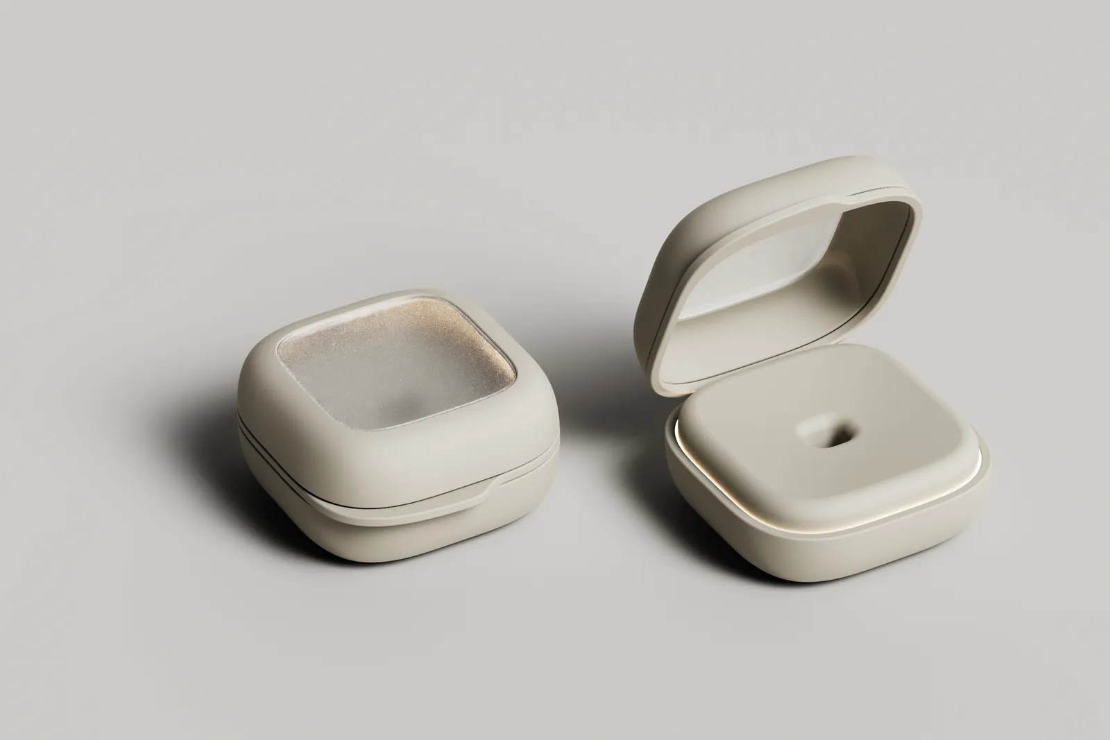 Render of a rounded-square base station with a textured recessed top