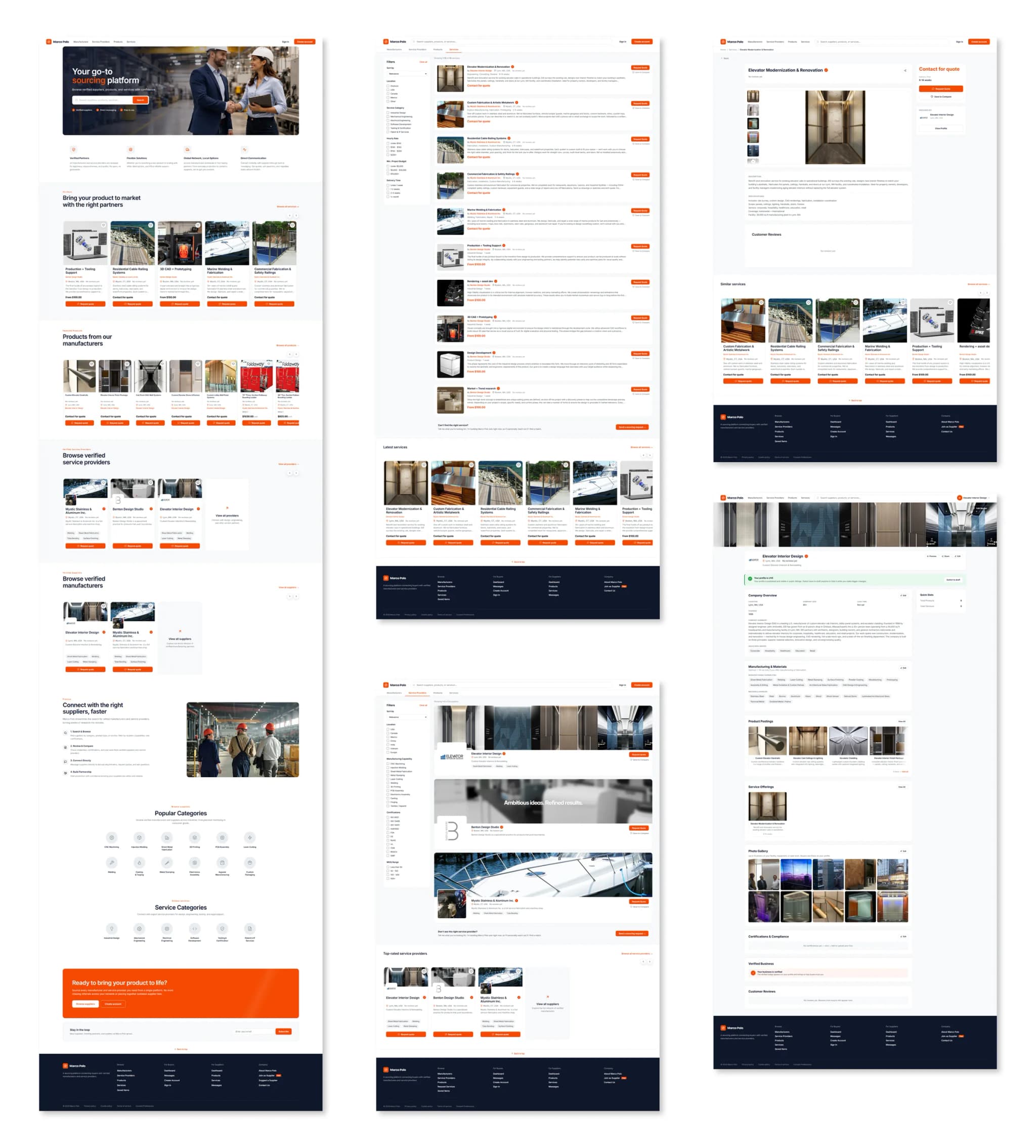 Board of finished site pages: the homepage with its sourcing hero and rows of manufacturers, products and service providers; the service and supplier directories with filter sidebars; a service listing with a photo gallery and contact-for-quote panel; and a full supplier profile with company overview, manufacturing capabilities and reviews