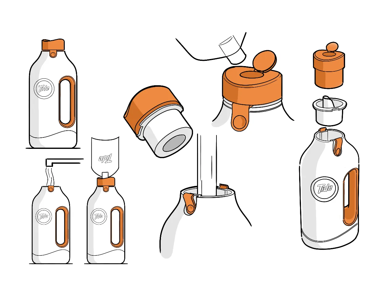 Concept sketches for a reusable Tide bottle with a side loop handle and a flip-top cap, shown being refilled and poured