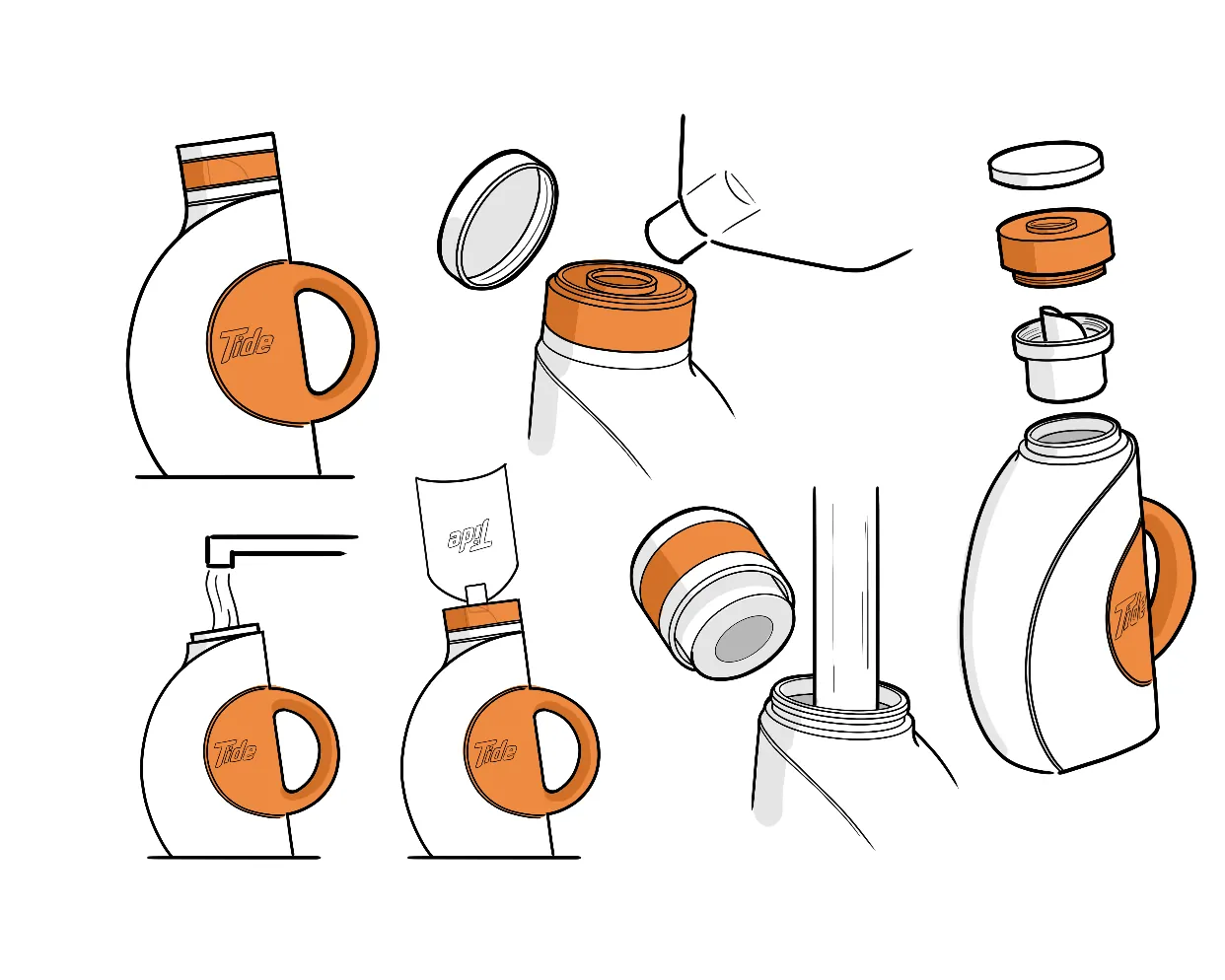 Concept sketches for a reusable Tide bottle with a ring handle through the body and a screw-on cap
