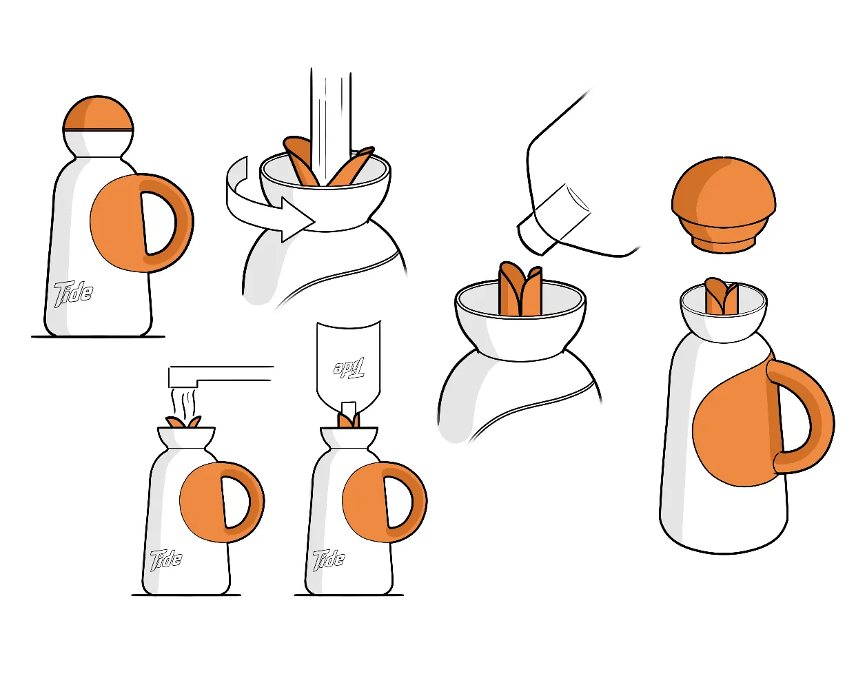 Concept sketches for a reusable Tide bottle with a round handle and a petal spout that opens when it pours