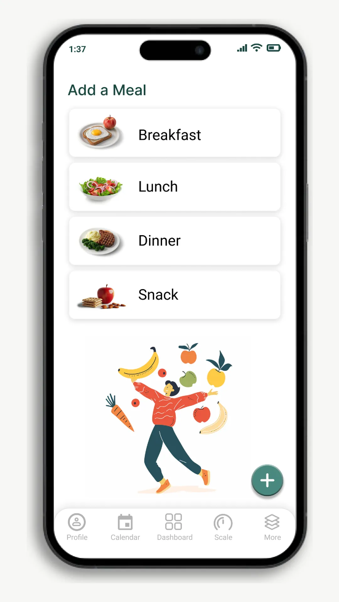 Add a Meal screen: breakfast, lunch, dinner and snack options with an illustration of a person juggling fruit