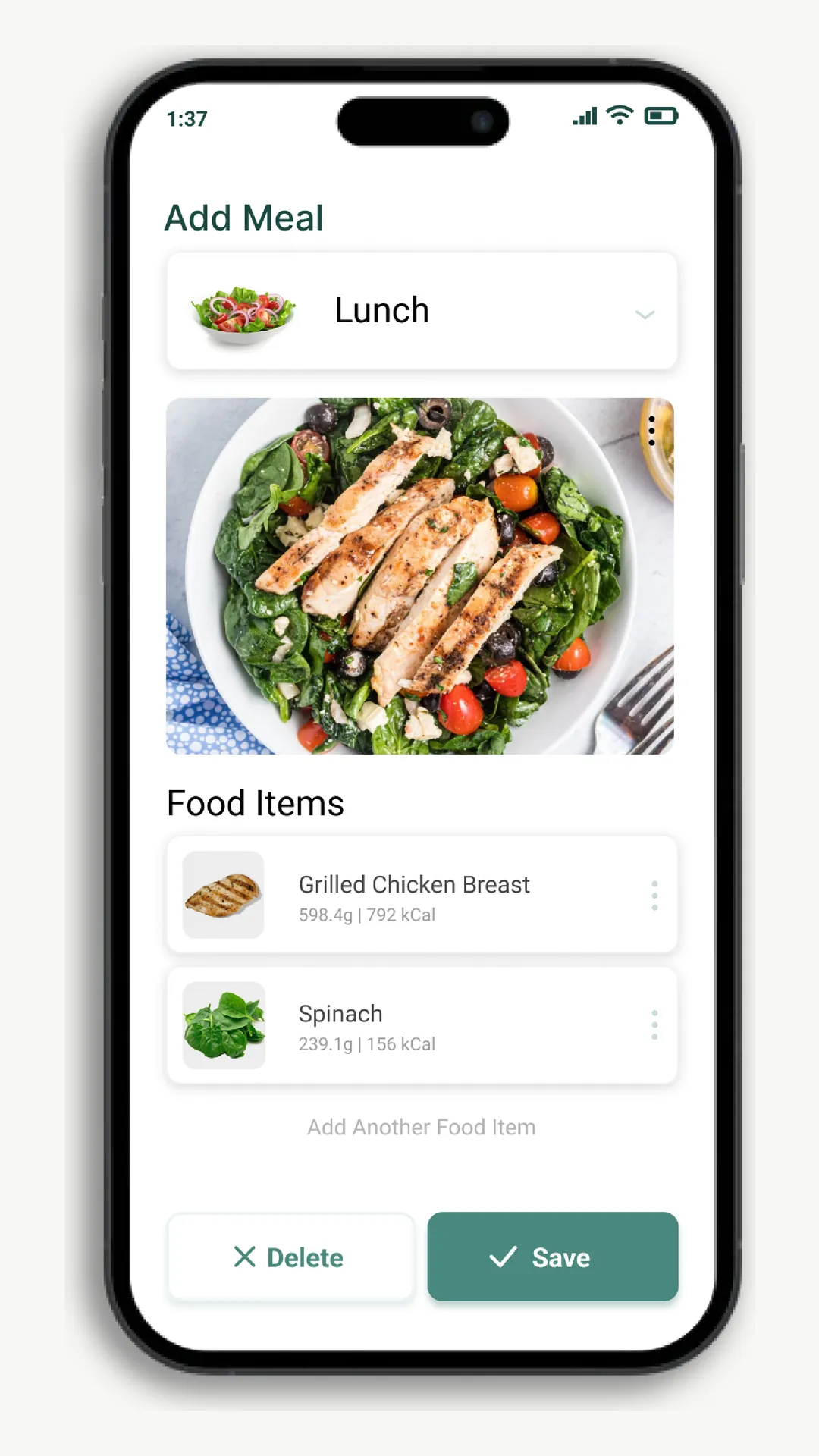 Add Meal screen: a meal type dropdown set to lunch, a photo of a chicken salad, and its food items with delete and save buttons