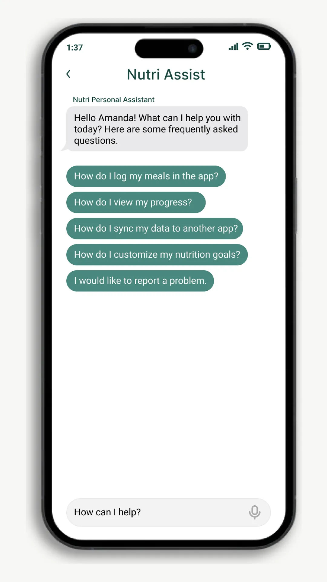 Nutri Assist chat screen: a greeting from the assistant and suggested questions about logging meals, viewing progress, syncing data and customizing goals