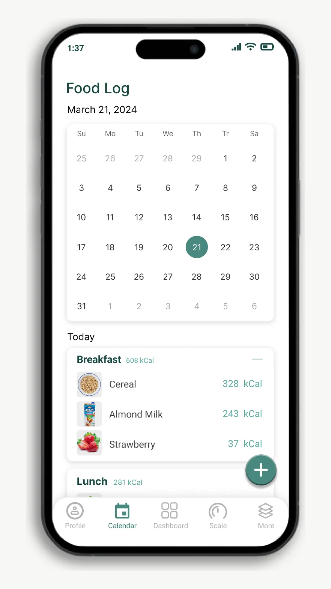 Food Log screen: a month calendar with the current day highlighted, then the day's breakfast items with calories