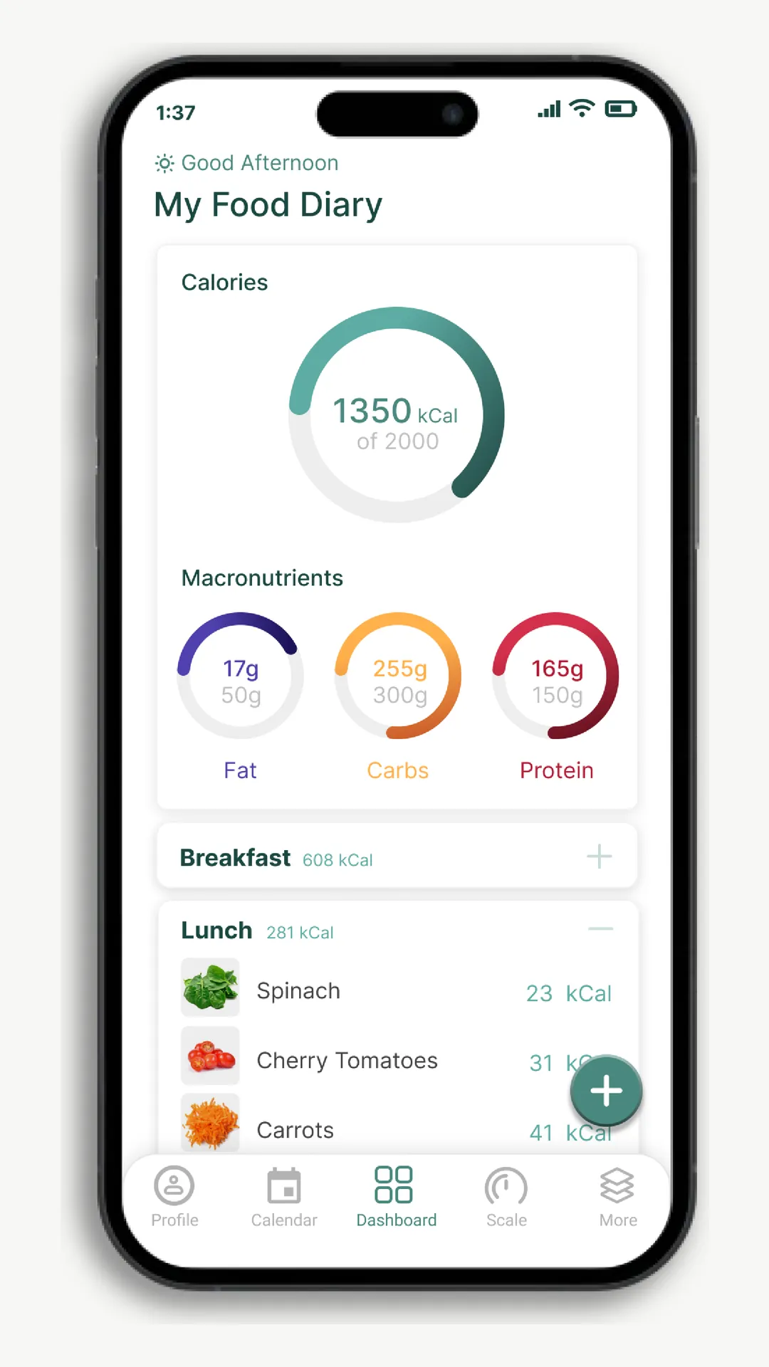 Dashboard screen titled My Food Diary: a calorie ring at 1350 of 2000, three macronutrient rings, then today's meals