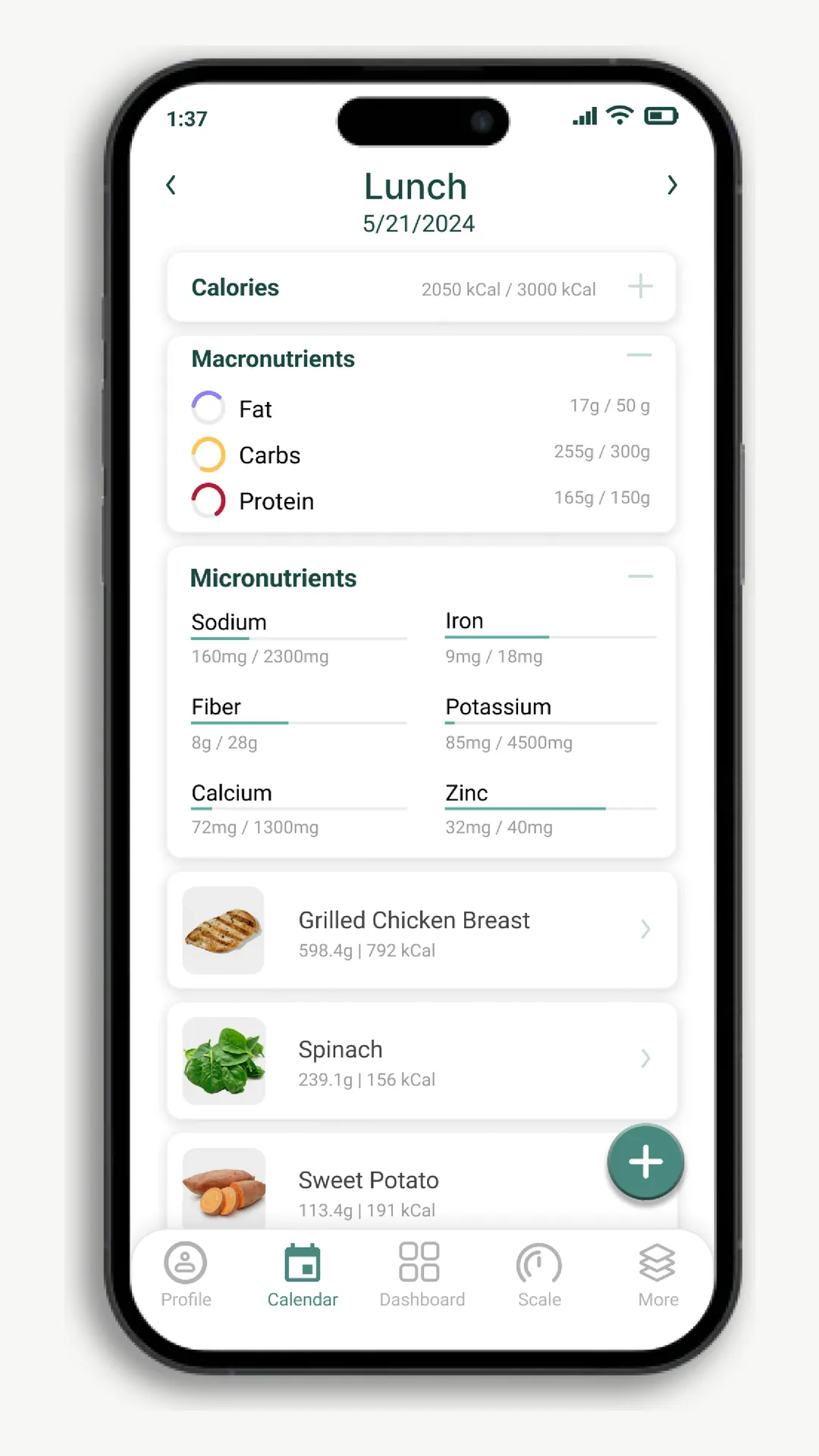 Lunch detail screen: calories against the daily target, macronutrients and micronutrients with progress bars, then the meal's items