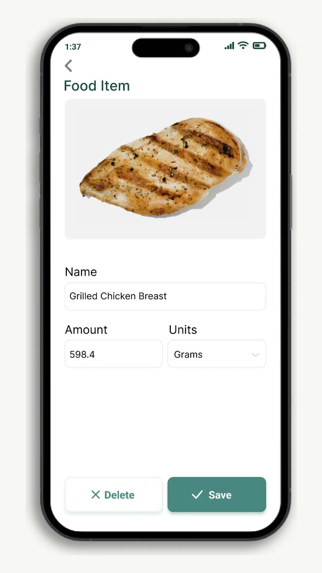 Food Item screen: a photo of grilled chicken breast, its name, amount 598.4 and unit grams, with delete and save buttons