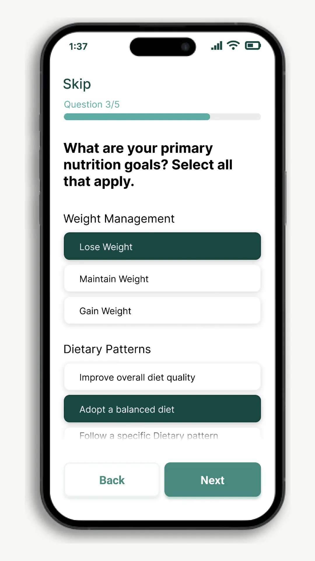 Onboarding question 3 of 5: what are your primary nutrition goals, with weight management and dietary pattern options
