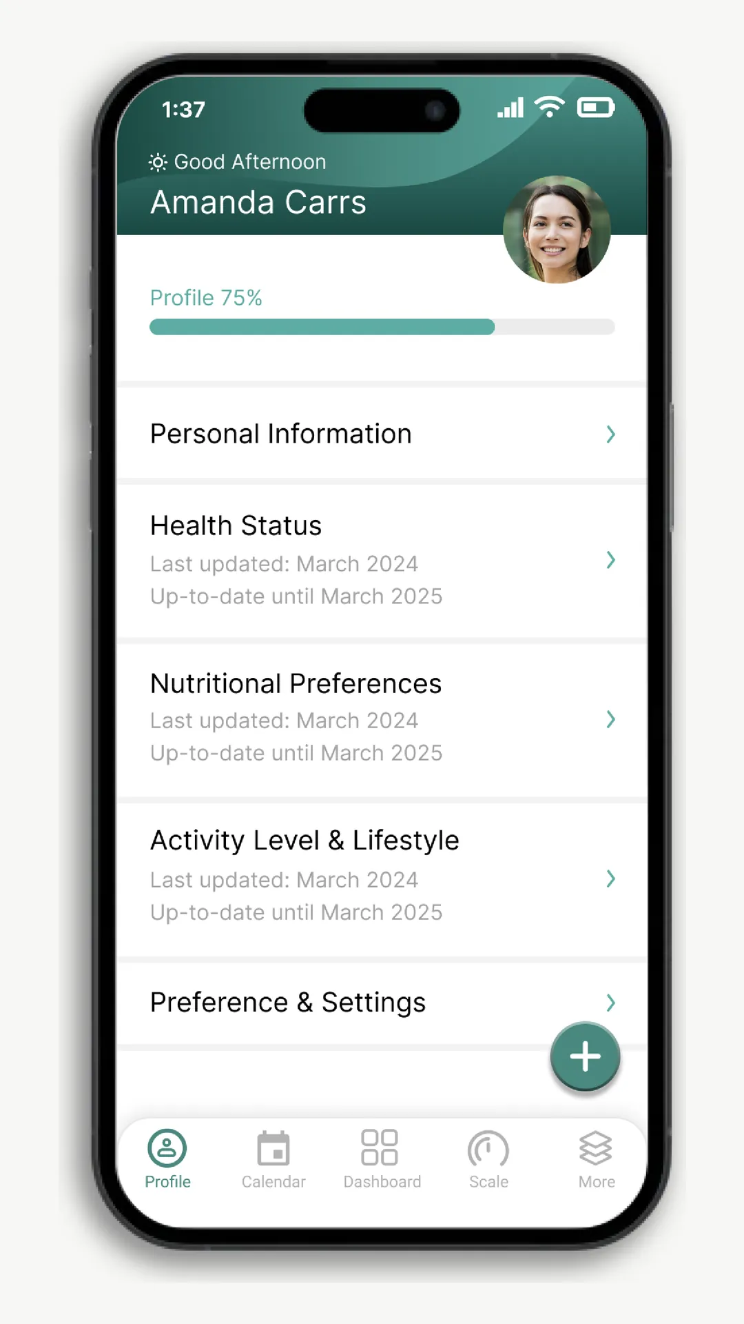 Profile screen: a progress bar for profile completeness, then personal information, health status, nutritional preferences, activity level and preferences