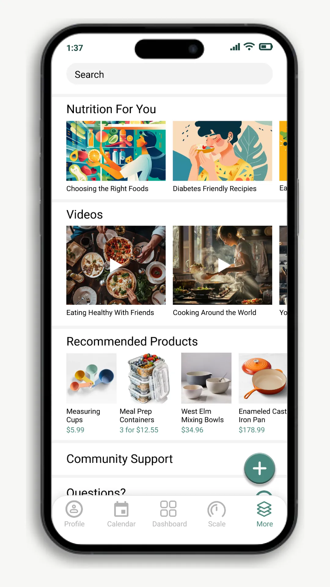 Resources screen titled Nutrition For You: recipe articles, videos, recommended products and community support