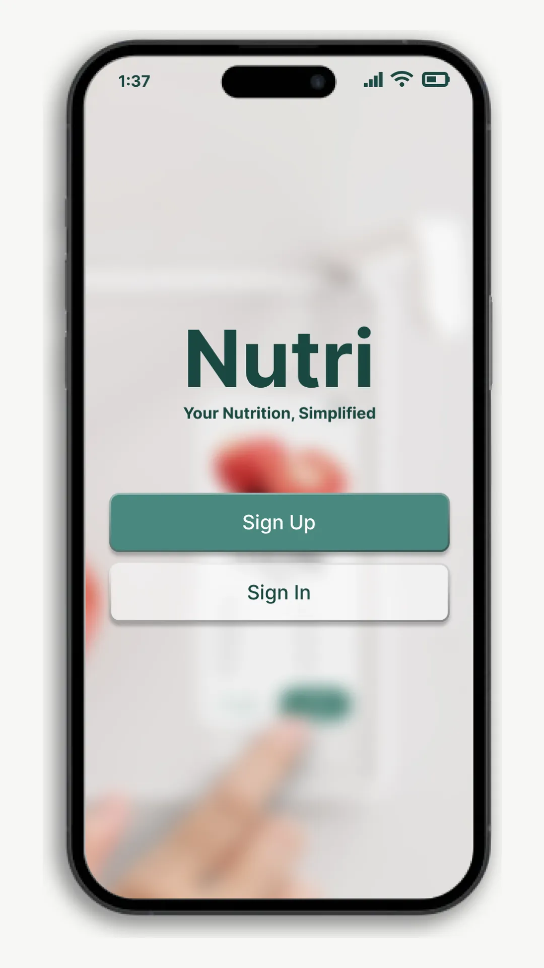 Splash screen: the Nutri wordmark over a blurred photo of the scale, with sign up and sign in buttons