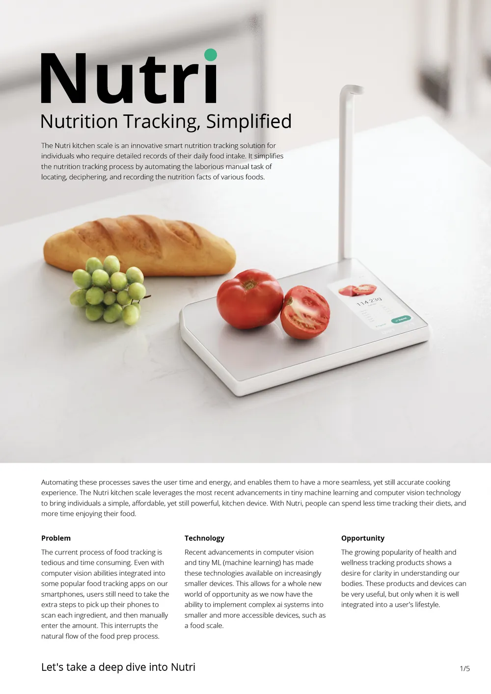 Red Dot submission board 1 of 5: Nutri, nutrition tracking simplified, with the hero render and the problem, technology and opportunity