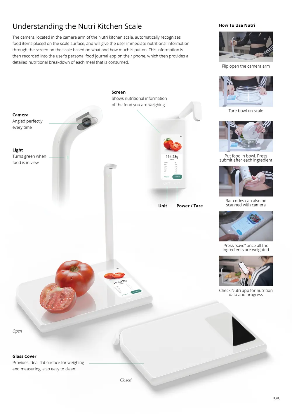 Board 5 of 5: understanding the Nutri kitchen scale, callouts for the camera, light, screen and glass cover, and how to use it