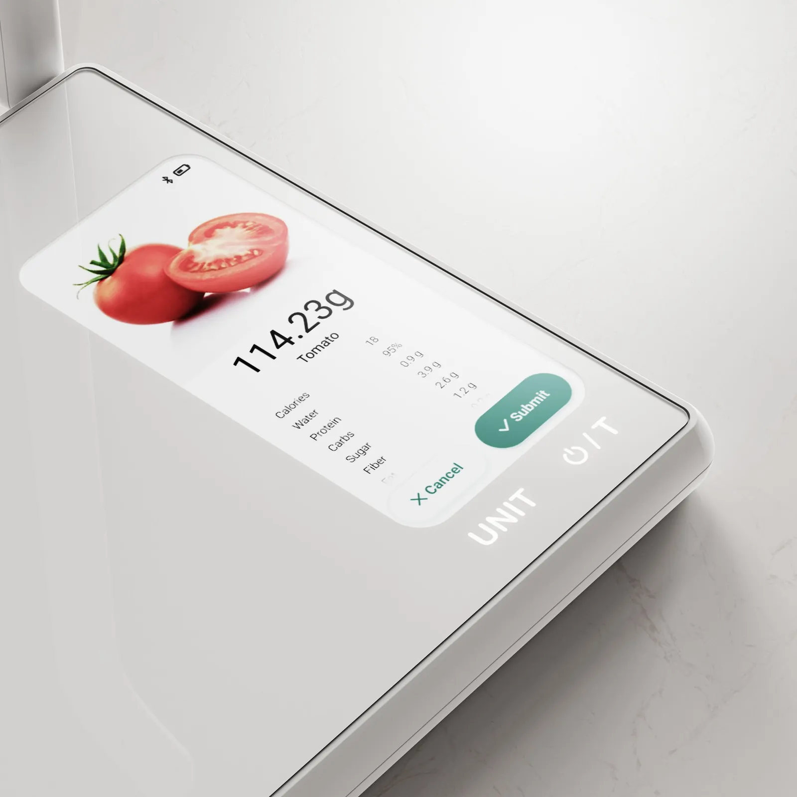 Close-up of the on-scale screen showing a tomato recognized at 114.23 g with its nutrition facts, a Submit button, and UNIT and power/tare glyphs printed on the glass