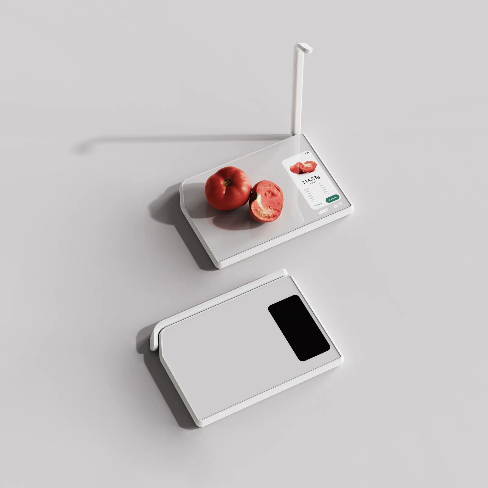 The same two scales seen from above, halved tomatoes on the open scale beside its screen and the folded scale below it