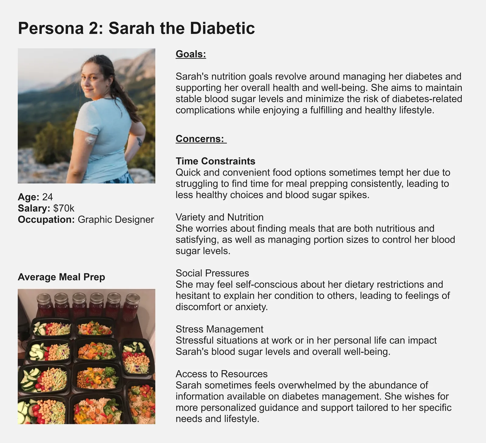 Persona sheet for Sarah, 24, a graphic designer with Type 1 diabetes: goals, concerns and a photo of her weekly meal prep