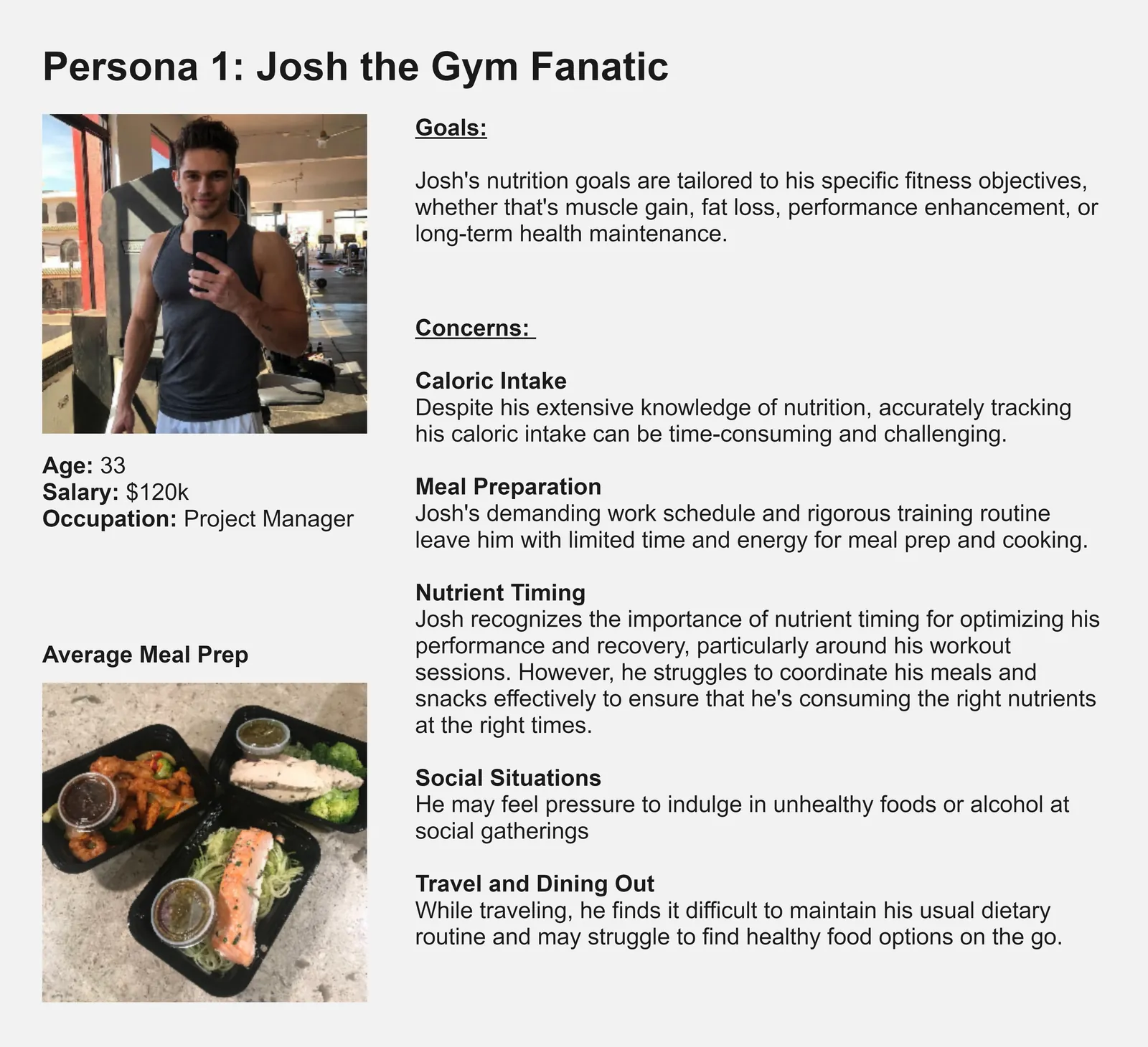 Persona sheet for Josh, 33, a project manager and gym enthusiast: goals, concerns and a photo of his meal prep containers