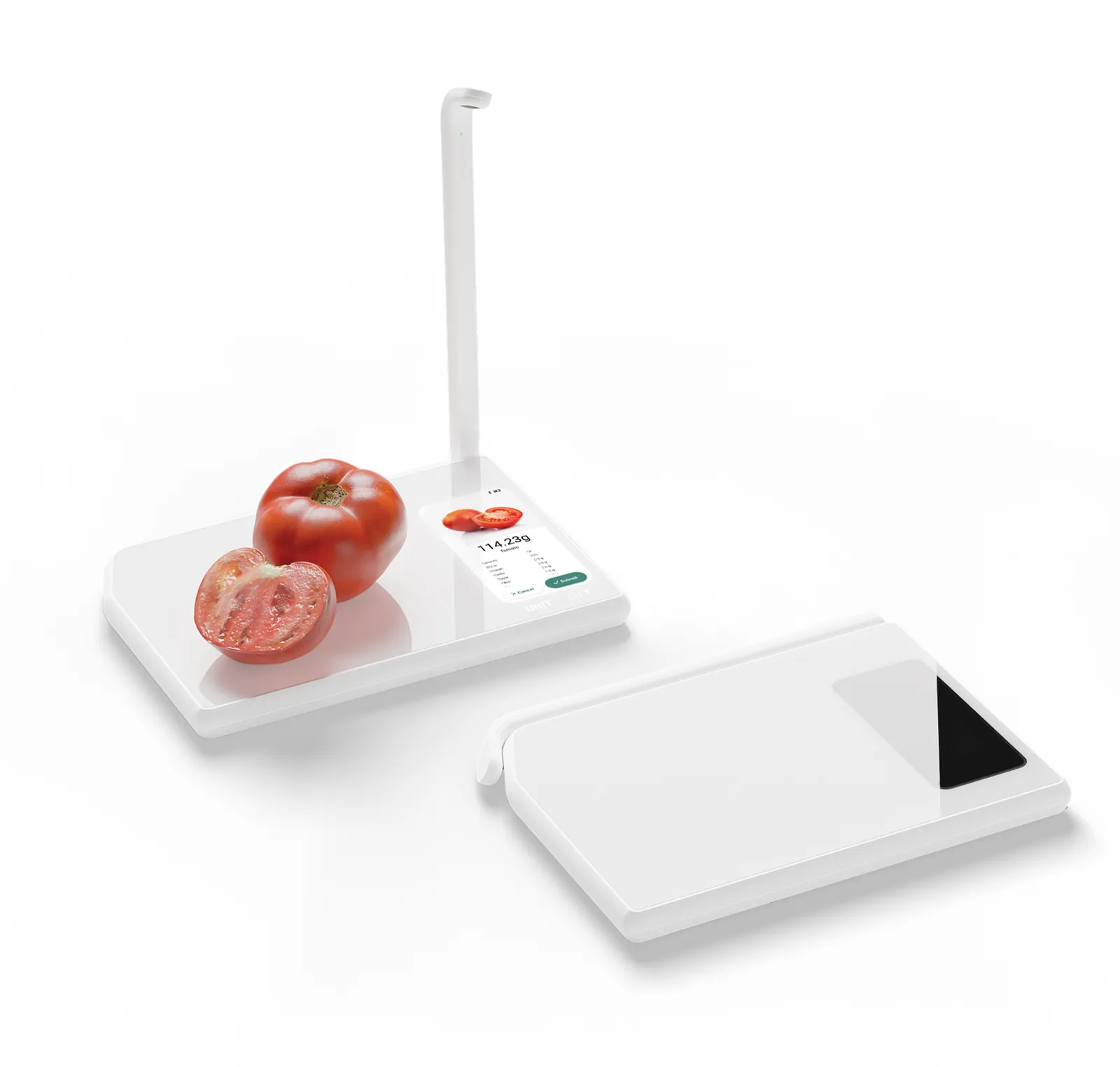 Two white Nutri scales on white: one open with the camera arm raised, halved tomatoes on its glass top and the screen reading 114.23 g, one folded flat beside it
