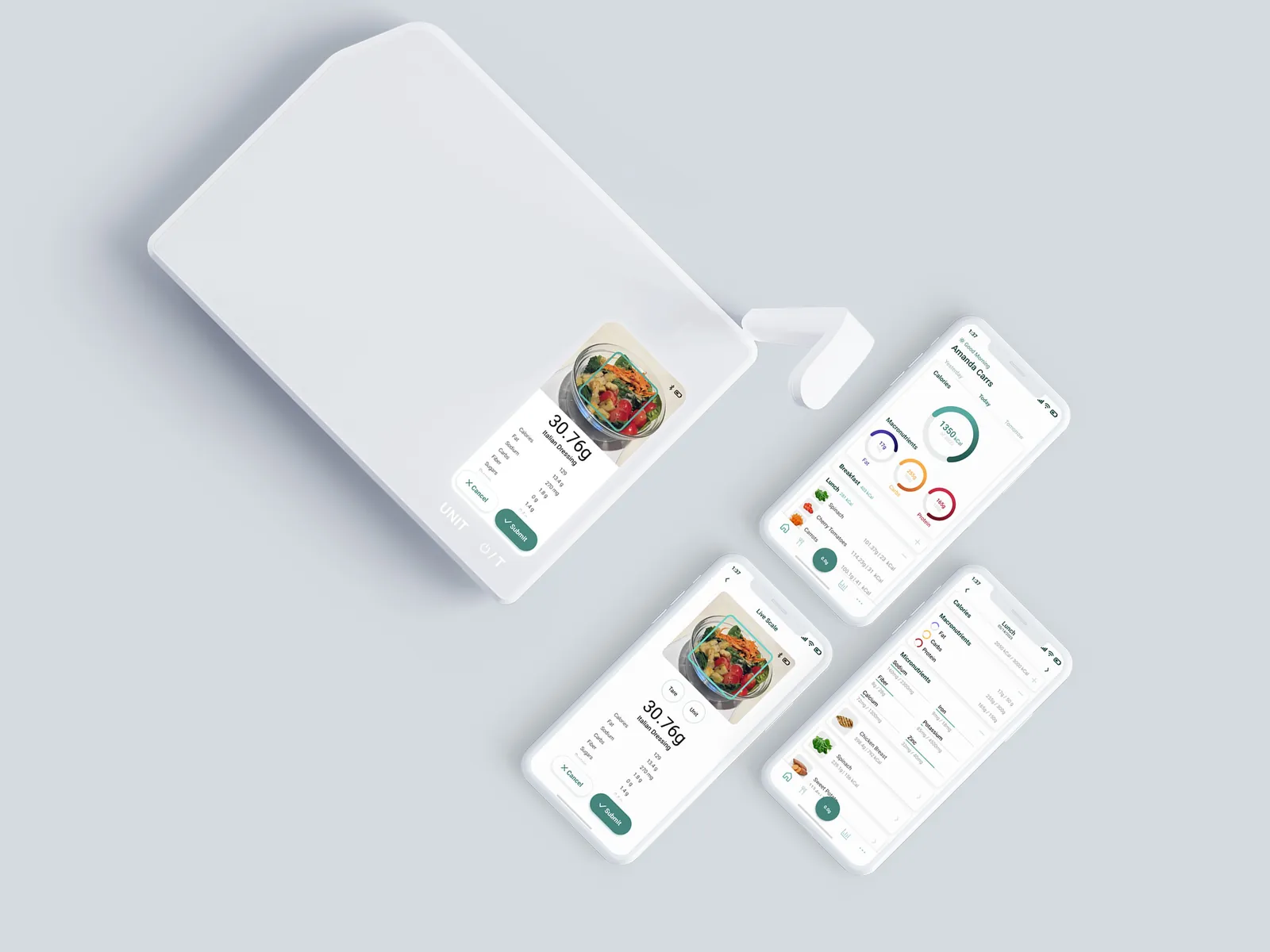 Render of the scale with its on-scale screen next to four phone screens from the app: live scale, dashboard, food log and profile