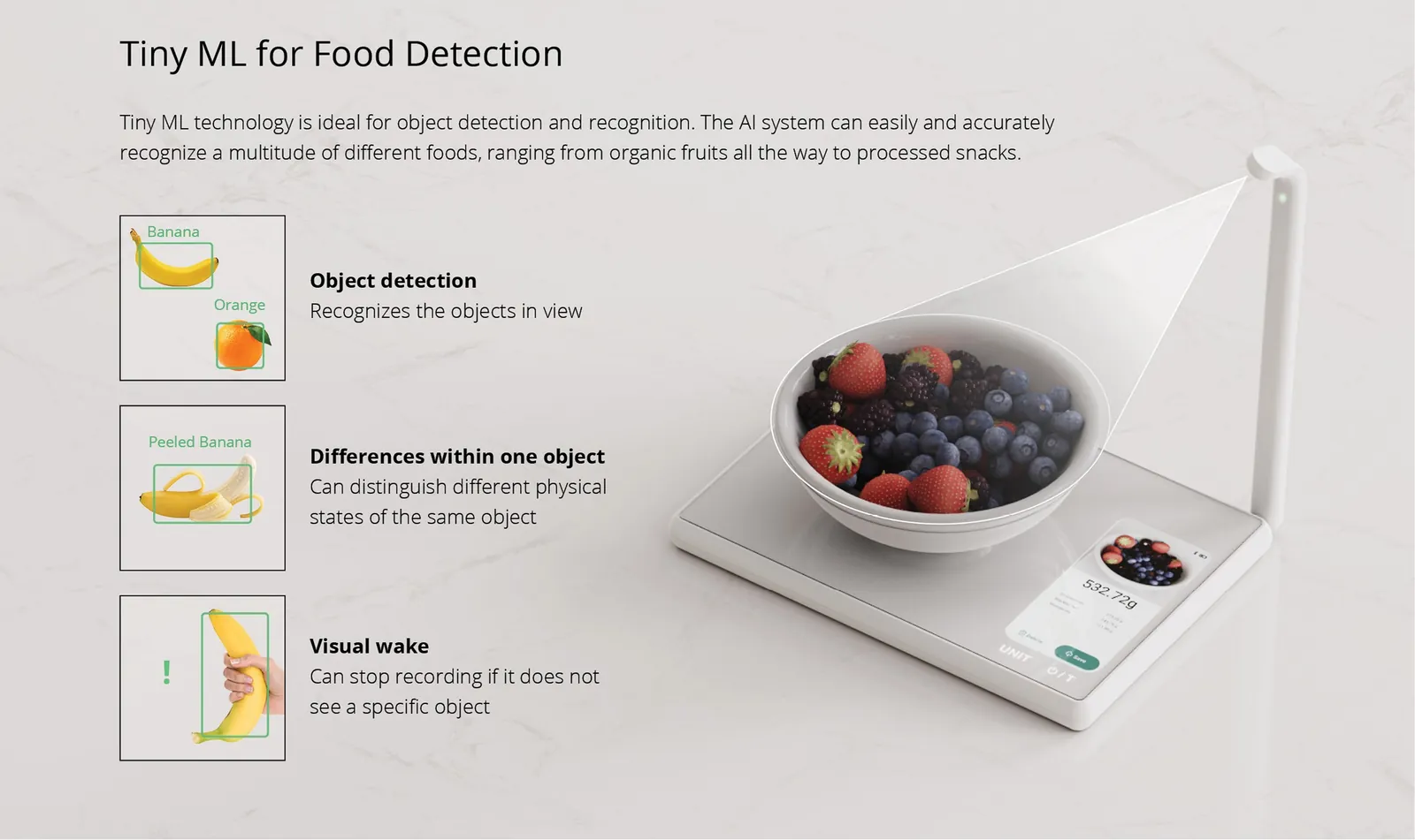 Panel titled Tiny ML for Food Detection: object detection, differences within one object such as a peeled banana, and a visual wake that stops recording when no food is in view, beside the scale with a bowl of berries