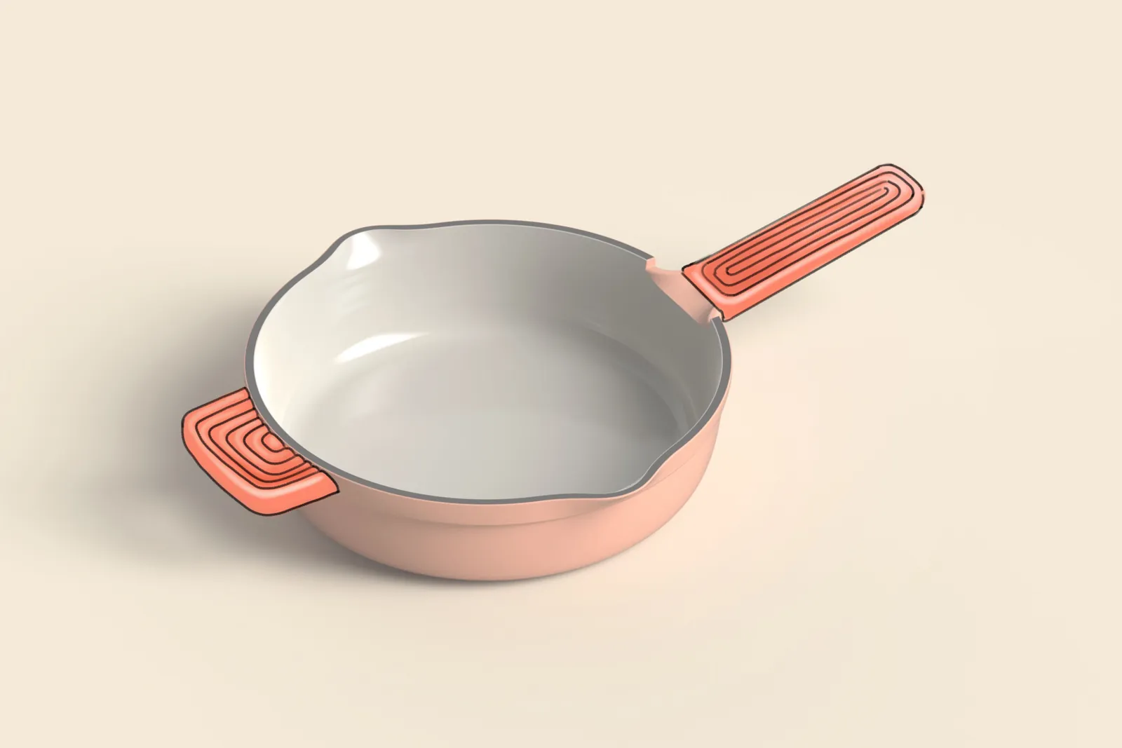 Render of the cast iron pan with ribbed silicone grips on both handles